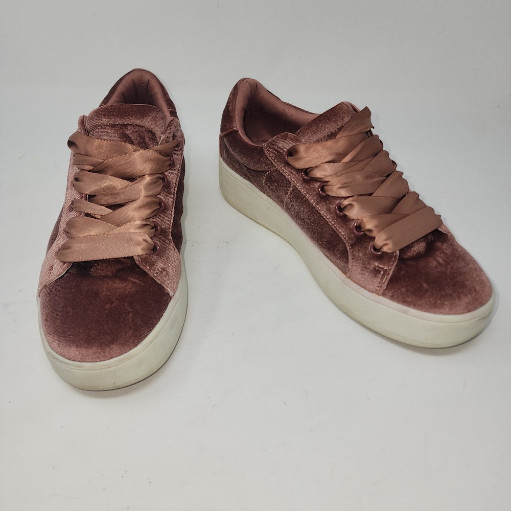 Brash Velvet‎ Platform Sneakers Women 6.5 Rose Pink Satin Ribbon Lace Low Top